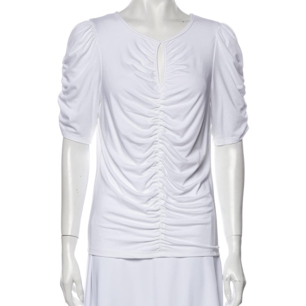 FRAME White Stretch Ruched Blouse with Keyhole Neckline, size M